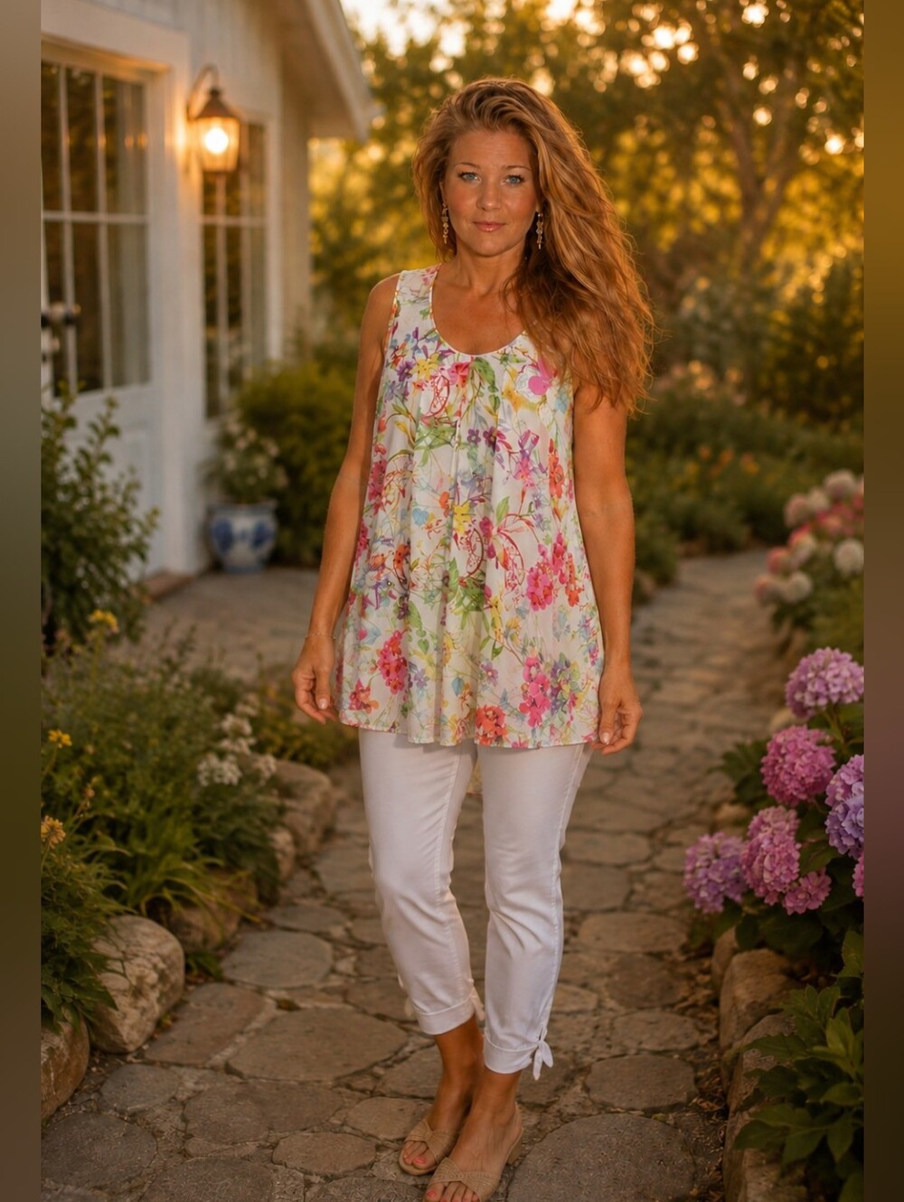 Roz & Ali White Floral Scoop Neck Swing Tank